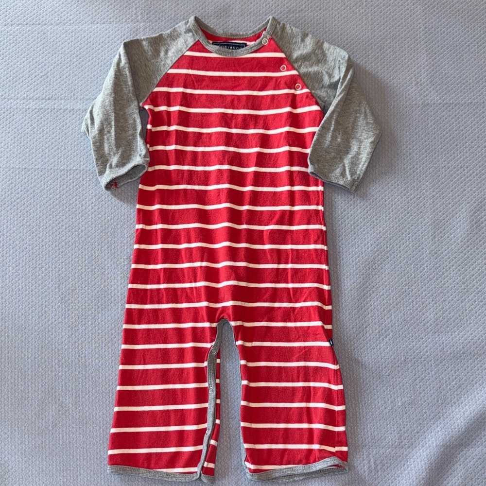 Toobydoo Red & White Striped Raglan One-Piece Bodysuit with Gray Sleeves